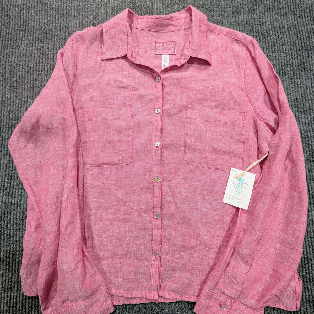 NWT Sigrid Olsen Women Pink 100% Linen Long Sleeve Button Down Shirt Size L